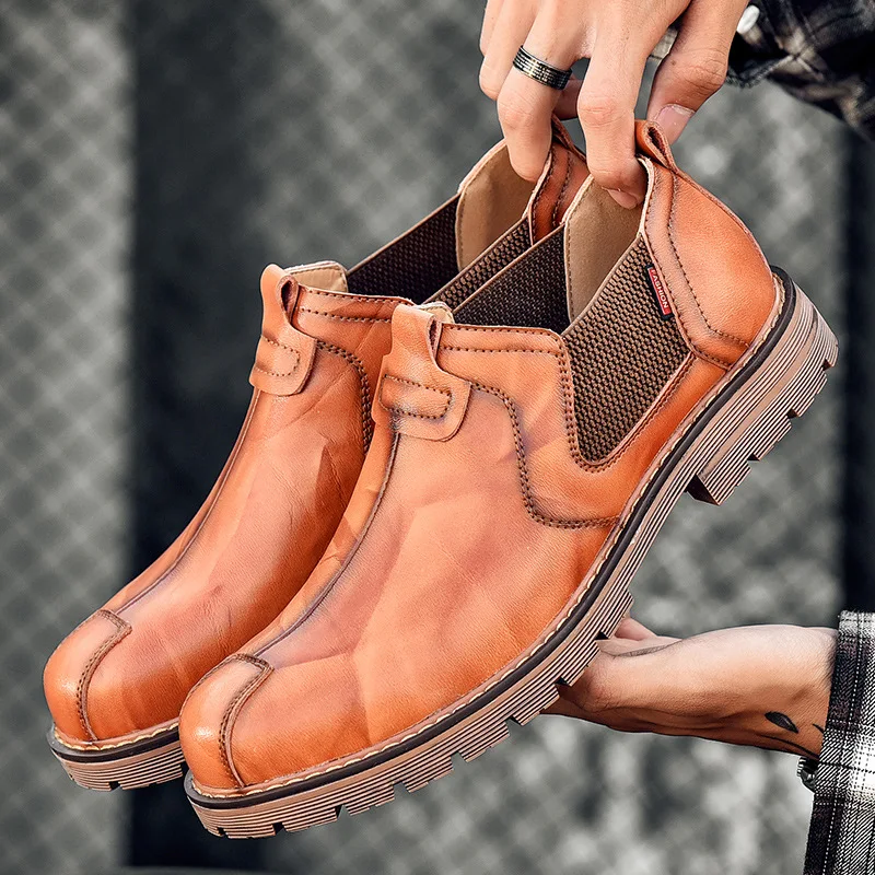 

Men's Casual Business Shoes PU Round Toe Square Heel Elastic Low-top Polished Retro Casual Martin Boots on Both Sides ZX194