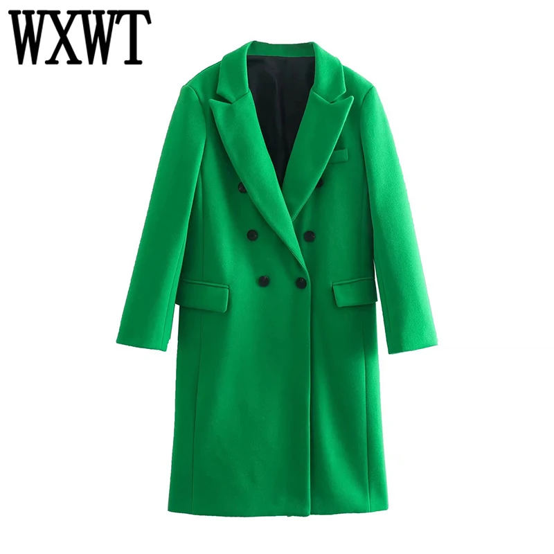 

WXWT Women Green Long Woolen Coat With Pockets Double Breasted Fashion Overcoat Female Long Sleeve Outerwear MSD2193