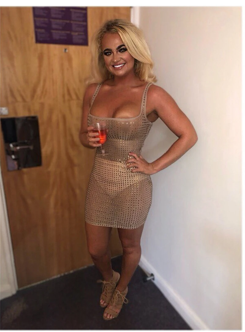 Невозьму со стразами вечерние платье Для женщин летние пикантные без рукавов прозрачная платье обтягивающее с сеткой белого Повседневное пляжное Клубное платье розового цвета