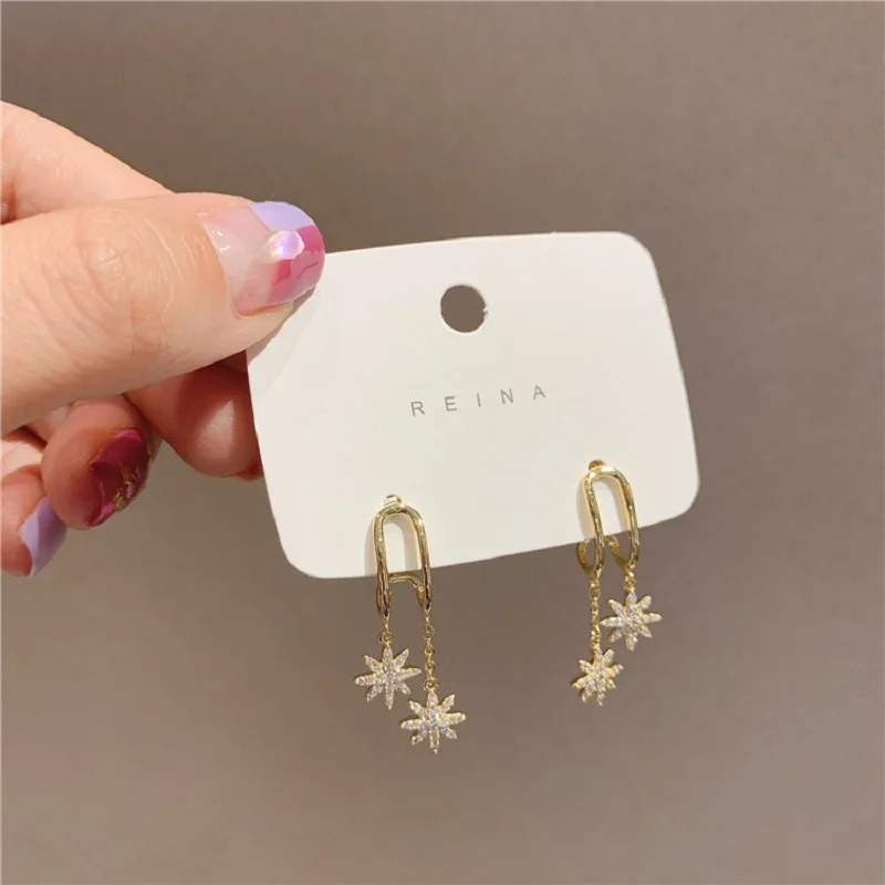 

925 silver needle flash diamond awn star tassel Silver Earrings New simple and small temperament earrings for women