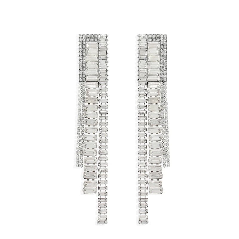 

Long Luxurious Full Cubic Zircon Tassel Clip On Dangle Drop Earring for Bridal Women Wedding Annivesary No Pierced Fancy Earring