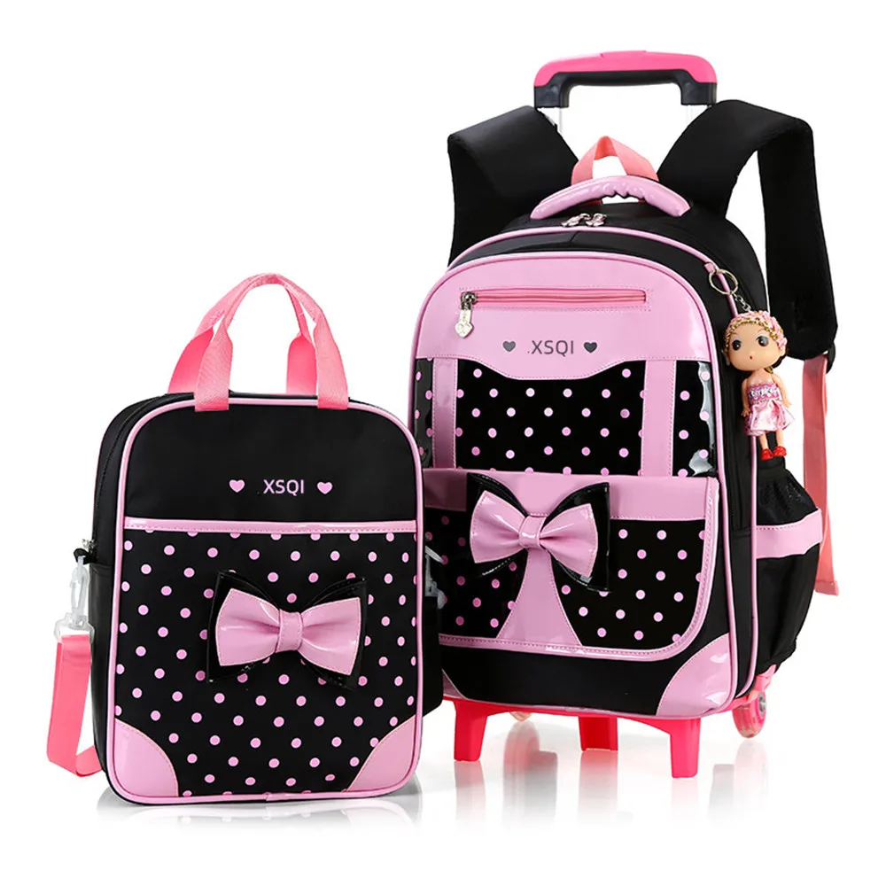 Комплект из 2 предметов, рюкзак принцессы на колесиках в горошек, школьные сумки на колесиках с бантом для девочек, водонепроницаемая сумка ...