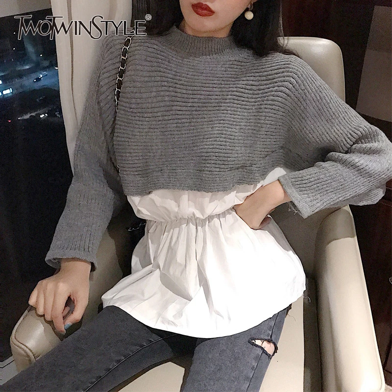 TWOTWINSTYLE Korean Women's Sweater O Neck Long Sleeve Patchwork Hit Color Female Pullovers 2020 Autumn Oversized Fashion New | Женская