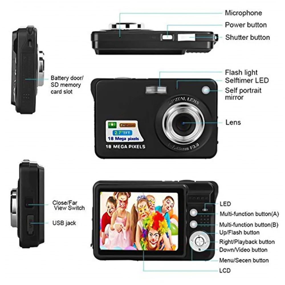 Цифровая видеокамера KEBIDU HD 720P 8 кратный цифровой зум с 2 дюймовым TFT ЖК экраном