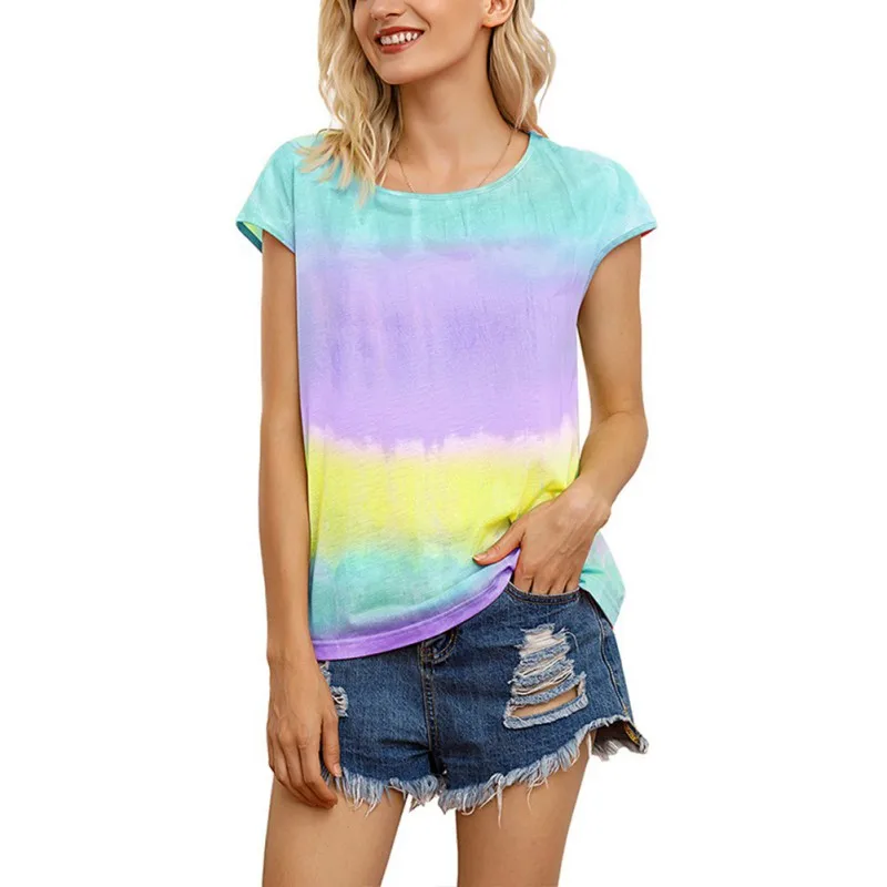 

2021 Summer New T-Shirt Tie Dye Gradient Printing Round Neck Sleeveless Top Casual Sports Fashion Versatile