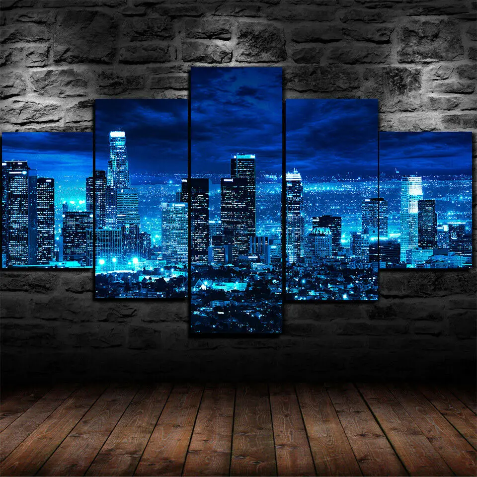 

Los Angeles Skyline at Night 5 Panel Canvas Picture Print Wall Art Canvas Painting Wall Decor for Living Room Poster No Framed