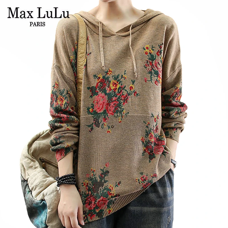 Женский вязаный свитер Max LuLu в китайском стиле с цветочным принтом капюшоном