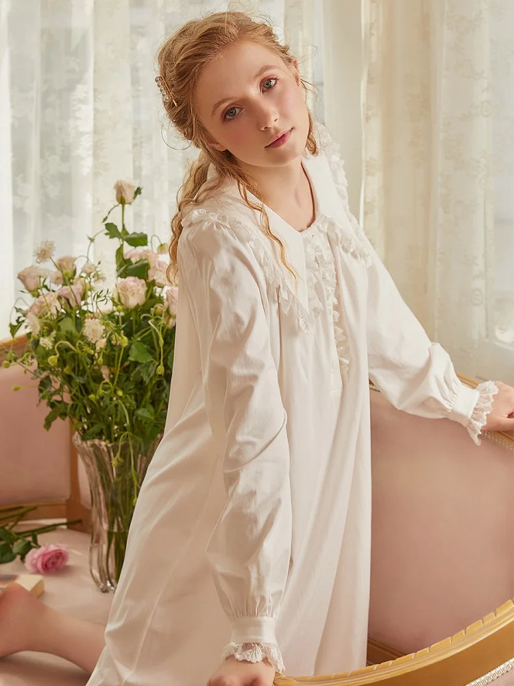 

Nightgowns Elegant Sleepshirts Cotton Women's Long Sleepwear Spring Autumn Royal Princess Lace Cardigan Turn-Down Collar
