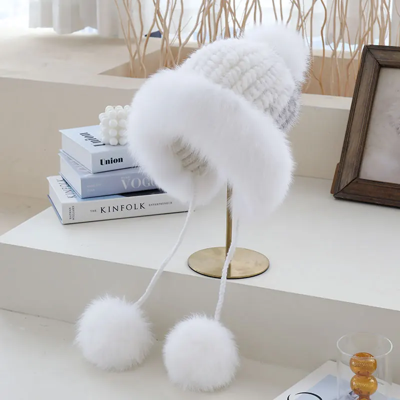 ZDFURS *2021 Winter Warm Hat Female Mink Fur Bomber Hat Handmade Ear Protection Caps Fox Hair Headgear Cute Russian
