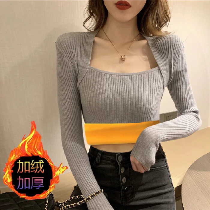 Женская зимняя вязаная шерстяная футболка без подкладки с длинным рукавом |