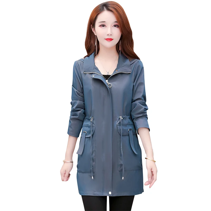 

Windbreaker women's middle and long fall 2020 new fashion mom's hooded thin little man's waistband tie coat