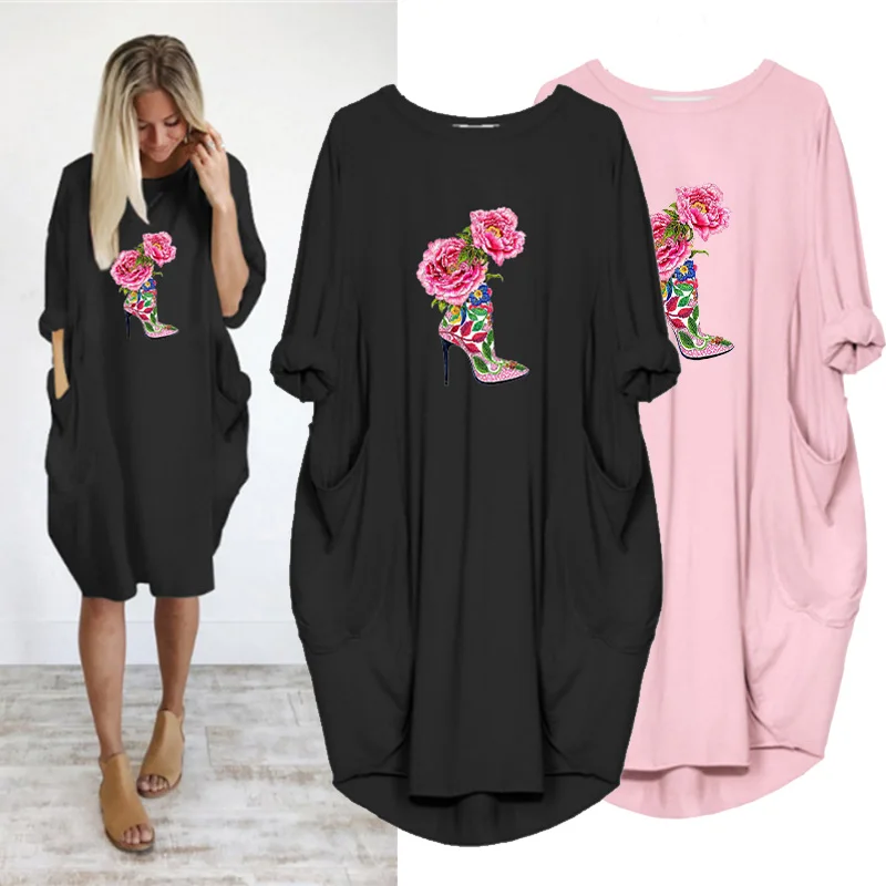 

High Heels Flower Print Plus Size Dress Women Midi Dresses Loose Long Sleeve o Neck Vintage Party Club Autumn Vestido Streetwear
