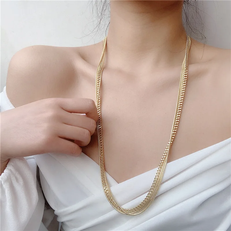 Женское многослойное длинное ожерелье с толстой цепочкой золотистые