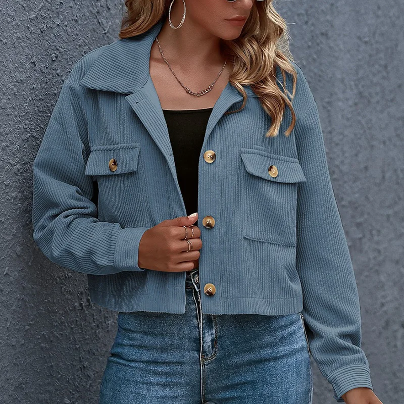 

Autumn Casual Corduroy Shirt Jackets Women Elegant Single-breasted Pocket Chic Short Coats 2021 Fashion Lady All-match Outwears