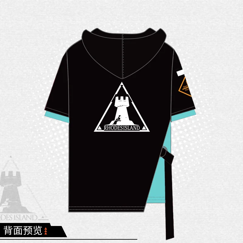 

Anime Arknights Rhodes Island Cosplay Costume Men Short Sleeve Hooded T-shirt Summer Unisex Hoodie Sweatshirt Splice Casual Tops