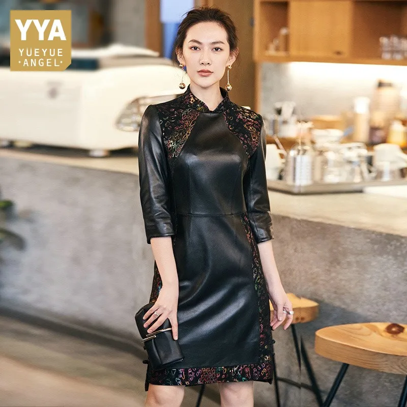 

Vintage Elegant Autumn Womens Printed Patchwork Sheepskin Dresses Slim Genuine Leather Stand Collar Female Cheongsam Plus Size