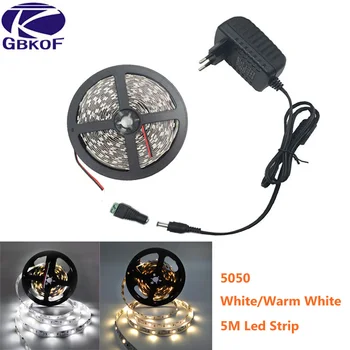 5m LED Strip White Warm white Single Color Tape Diod DC12V 300LEDs/5m 5050 2835 SMD Flexible Ribbon fita led light strip+Adapter 1
