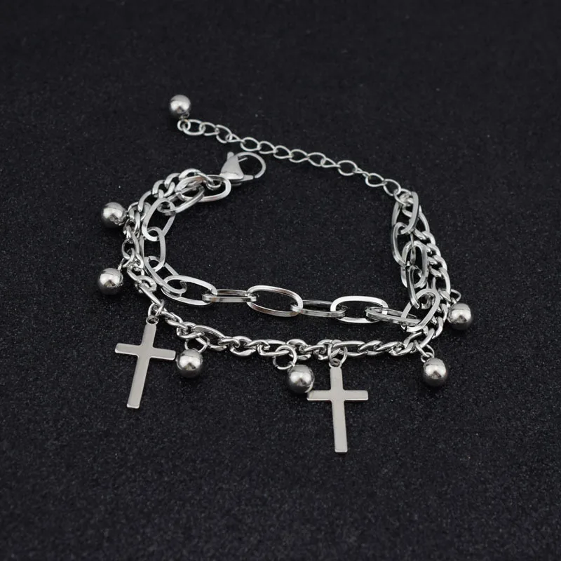 

Stainless Steel Double Chain Cross Virgin Mary Metal Beads Bracelets For Women Men Jewelry Never Fade