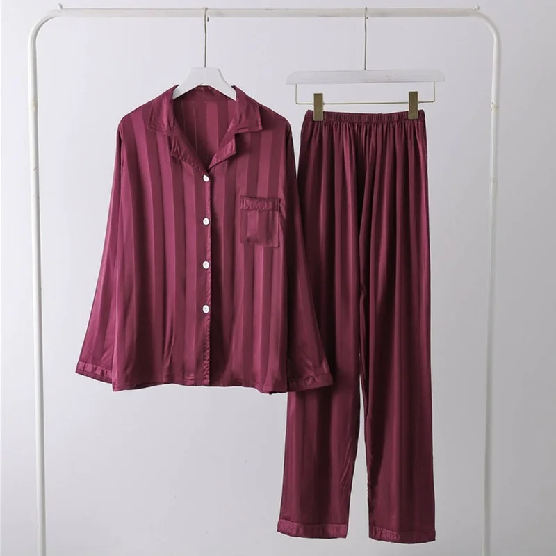 QWEEK Silk Pajamas for Women Striped Sleepwear Autumn Pijama Long Sleeve Home Suit Female Set Woman 2 Pieces Pyjamas Loungewear