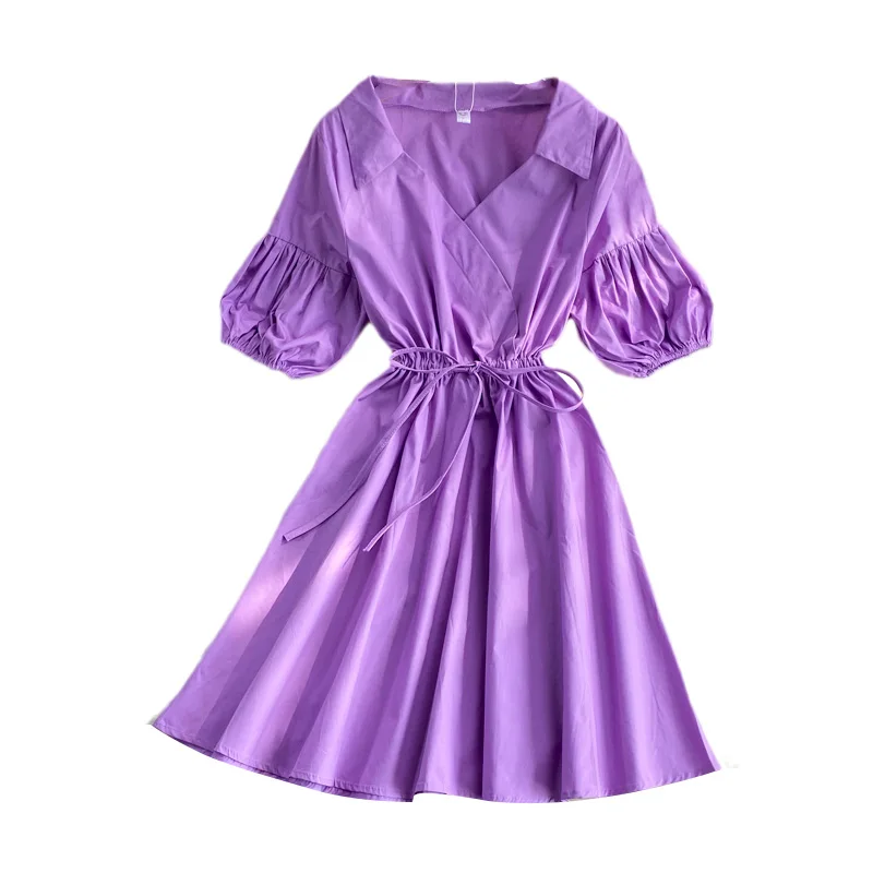 

Kimutomo Women Dress French Retro Summer Fashion Puff Sleeve V-neck Slim Waist Lace Up Solid Mini Dresses Female Elegant Vestido