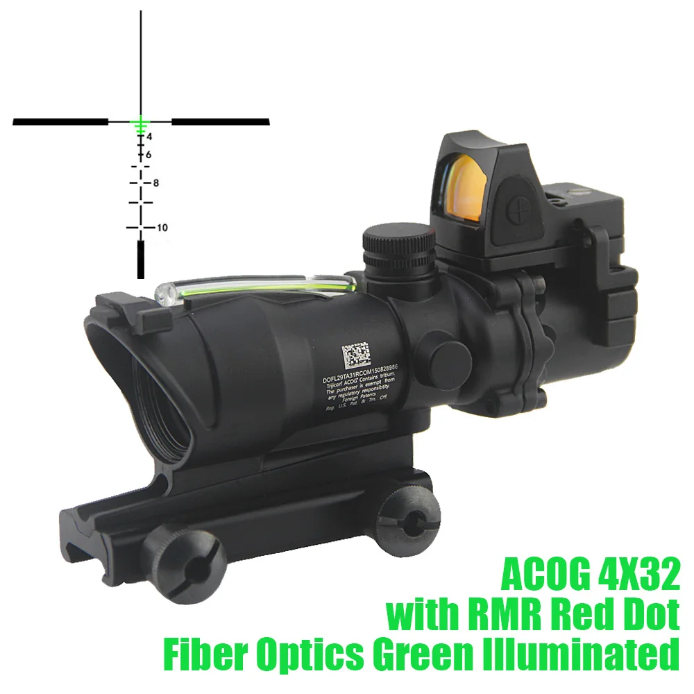 

Trijicon ACOG 4X32 Fiber Source Optics Green Illuminated Scope Real Fiber Sight Tactical 4x Magnifier with RMR Micro Red Dot