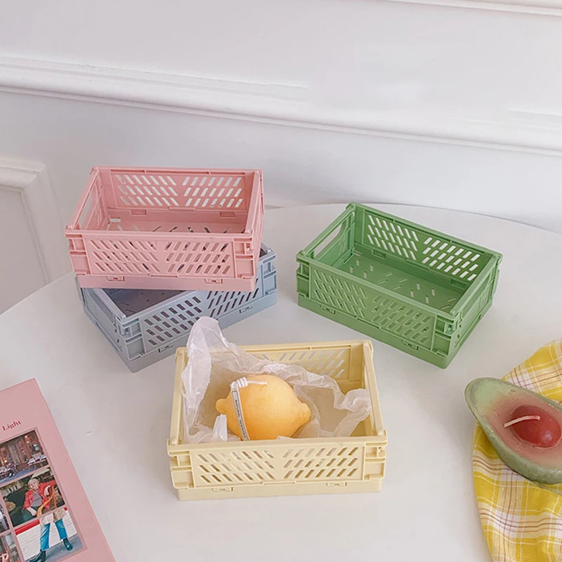 Ins Kawaii Desktop Folding Plastic Storage Basket Sundry Toys Snack Box Dormitory Artifact Finishing Small Frame | Дом и сад