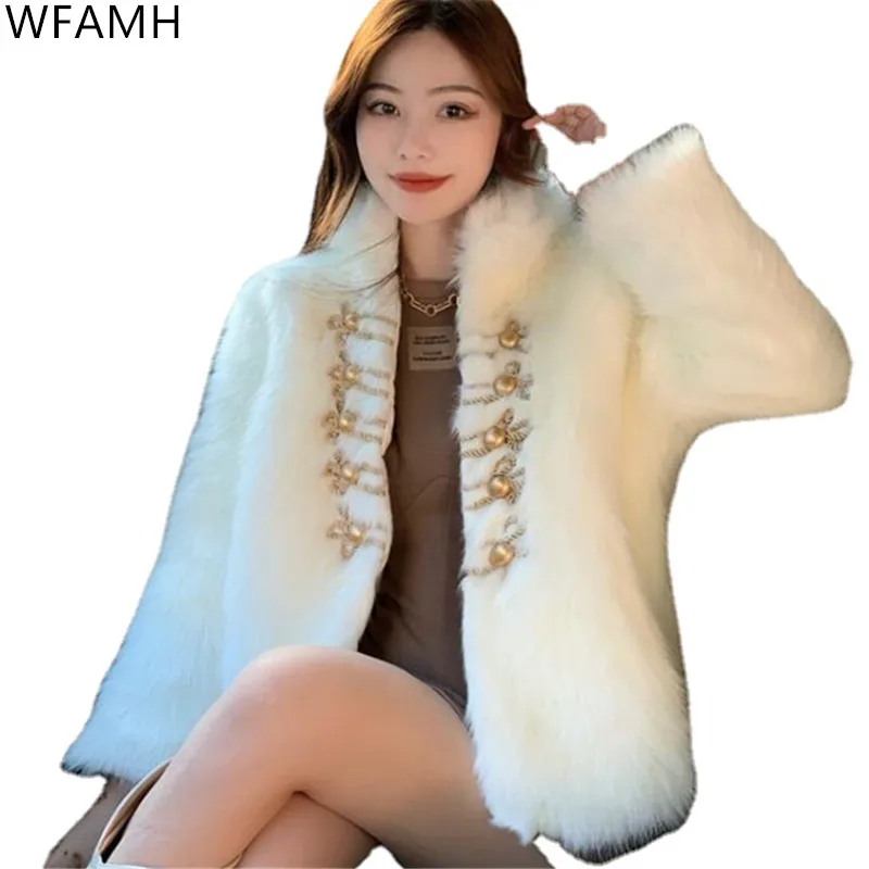 2023 New Winter Fashion Temperament White Fox-like Fur Coat Short Stand-up Collar Single-breasted Fur Coat Women Wide-waisted