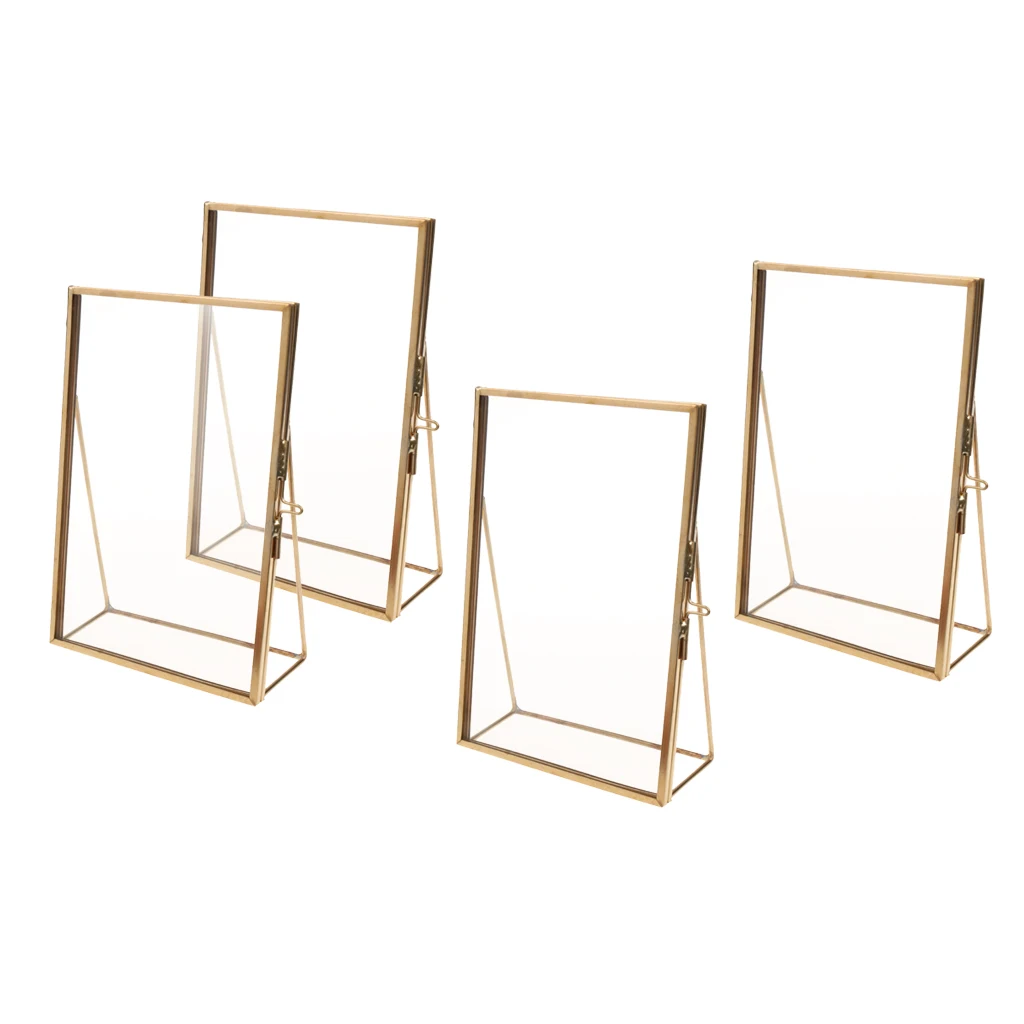 

4Pcs Clear Glass Sign Holder with Gold Borders and Vertical Stand, Double Sided Table Menu Holders Picture Frames 4x6''
