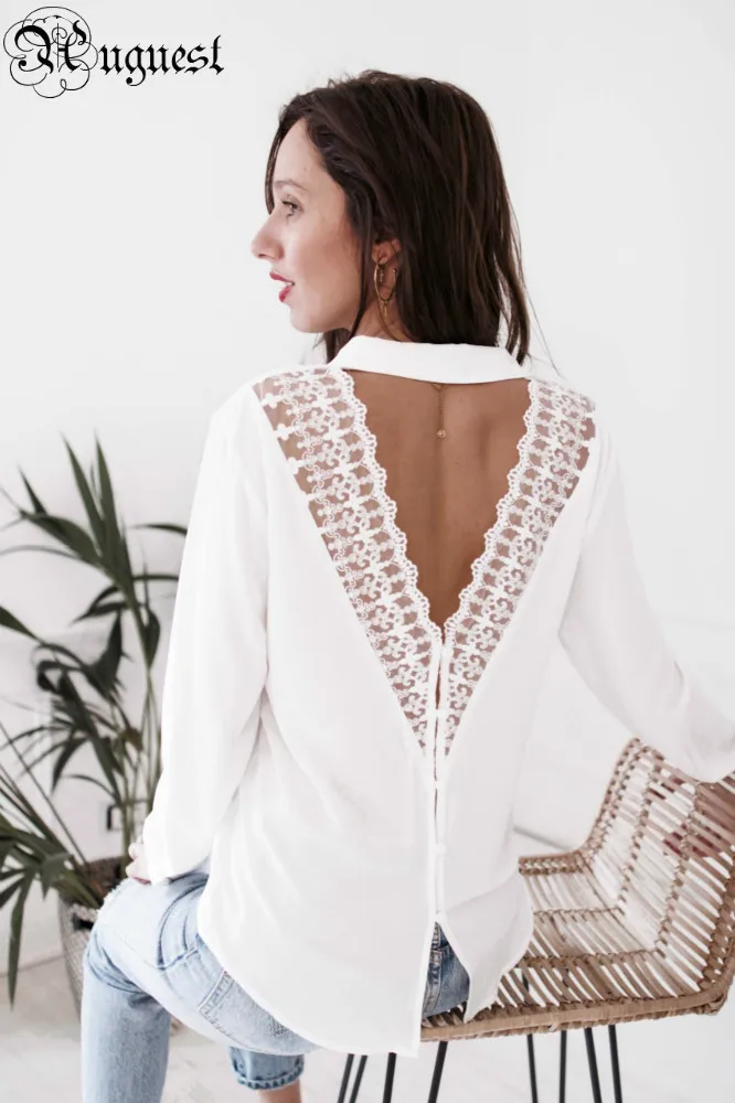 2019 женские сексуальные белые кружевные футболки открытая спина с v-образным