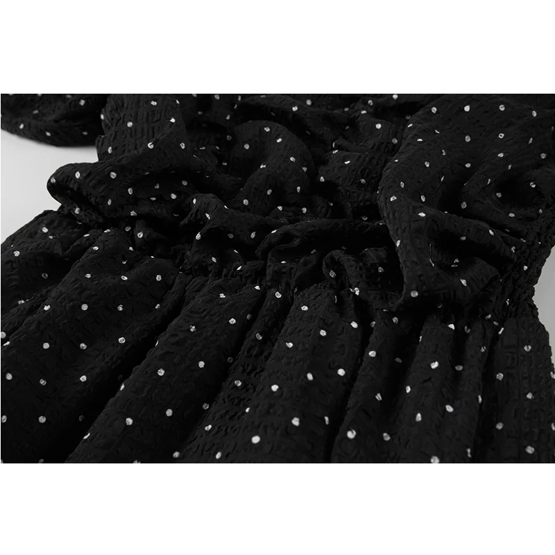 

Dot Print Vintage Dress High Waist Slim Wrinkled Design Square Collar Korean Elegant Classic Dresses Long Sleeve Vestidos Mujer