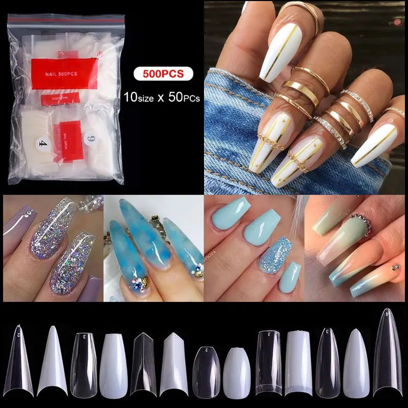 

500pcs Full Half Cover Long False Nails Clear Acrylic Ballerina Sharp Press on Extend Tips Natural 10 Sizes Salons DIY Nail Art