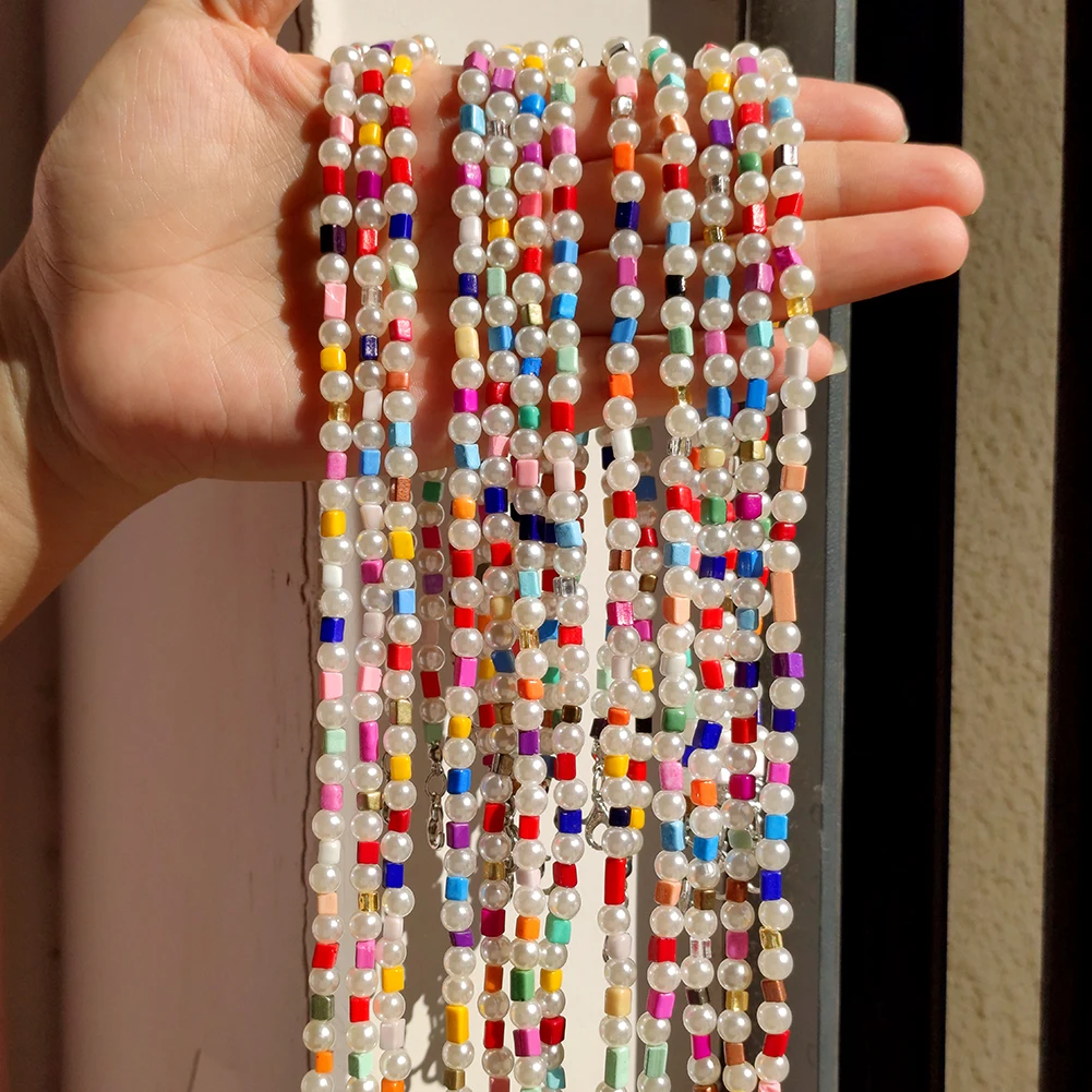

Flatfoosie Imitation Pearl Beaded Choker Necklace for Women Handmade Rainbow Color Seed Bead Chain Necklace Bohemia Jewelry Gift