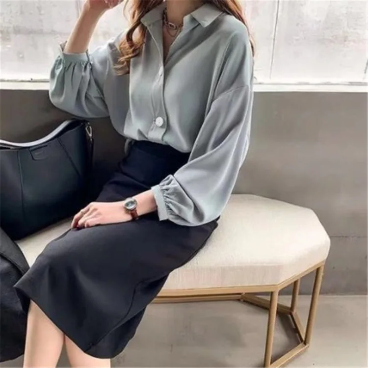 

Shirt female new women's fashion pure color chiffon shirt long sleeve blouse render unlined upper garment of loose big yards