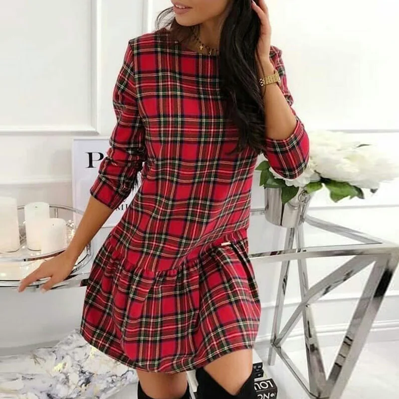 

Elegant Turn-down Collar Button Shirt Dress Women 2021 Spring Plaid Print Irregular Party Dress Autumn Long Sleeve Mini Dresses