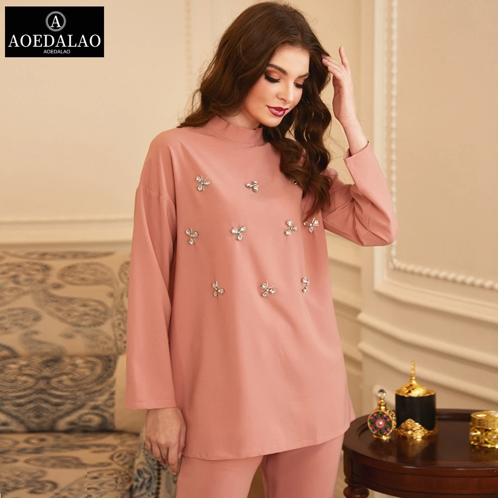 

Pink 2 Pieces Set for Women 2020 Muslim Solid Diamond Stand Collar Long Sleeve Tops and Long Pants Dubai 2pcs Set