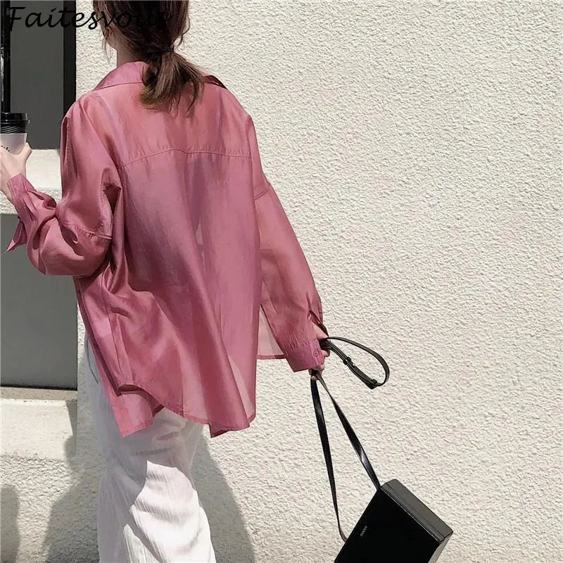 

Рубашка Tencel женская с защитой от солнца, тонкий длинный топ с воротником-поло, шифоновая блузка свободного покроя в Корейском стиле, 5 цветов...