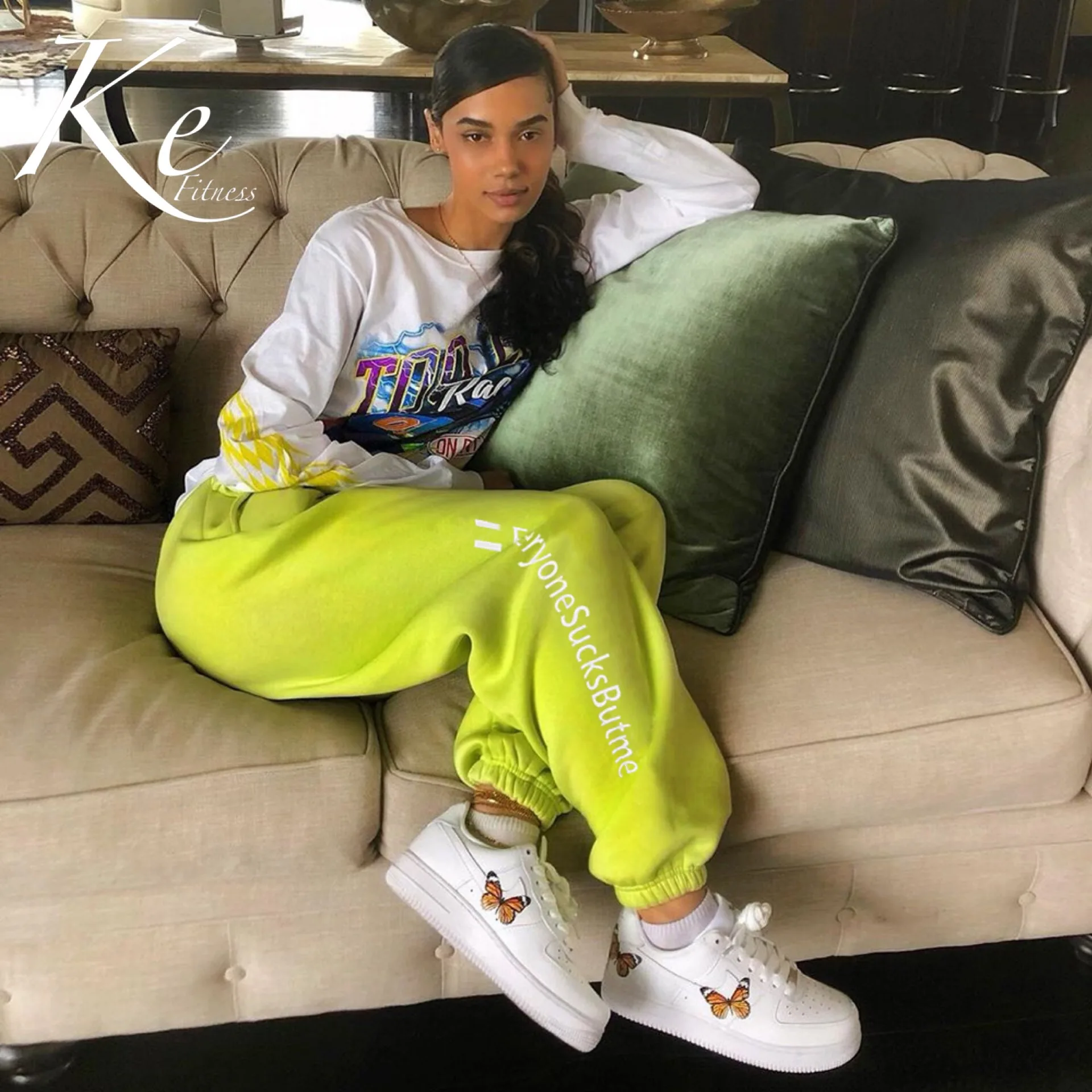 

KE hot autumn and winter new solid color letter printing high waist casual pants women fluorescent trend hipster
