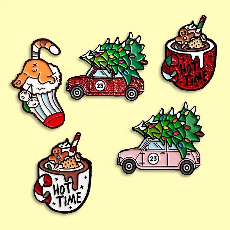 

5 styles Christmas Enamel Pin Christmas Tree Car Coffee Cup Brooch Backpack Clothes Lapel Pin Cartoon Jewelry Gift for Kids