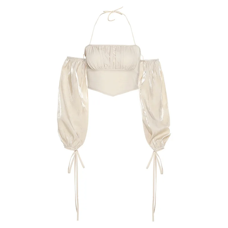 

Women T-Shirt Street Sexy Halter Neck Slim Shoulder Puff Sleeves Revealing Navel T-Shirt Casual Commute Fashion 2021 New