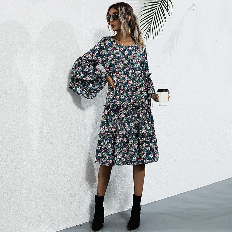 

New Floral Dress Women Elegant Cascade Ruffled Midi Dress 2021 Autumn O Neck Commute OL Shirt Dress Female Casual Holiday Dress