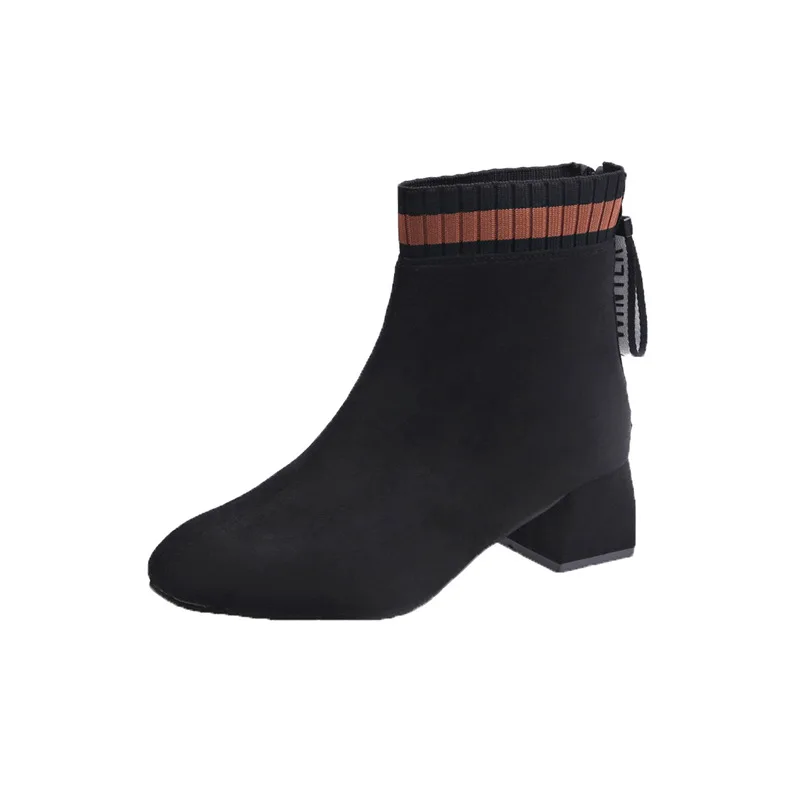 

Woman Martin Boots Winter New Women's Short Boots Female Chunky Heeled Square Toe Booties Fashionable Wild Black Stretch W21-95