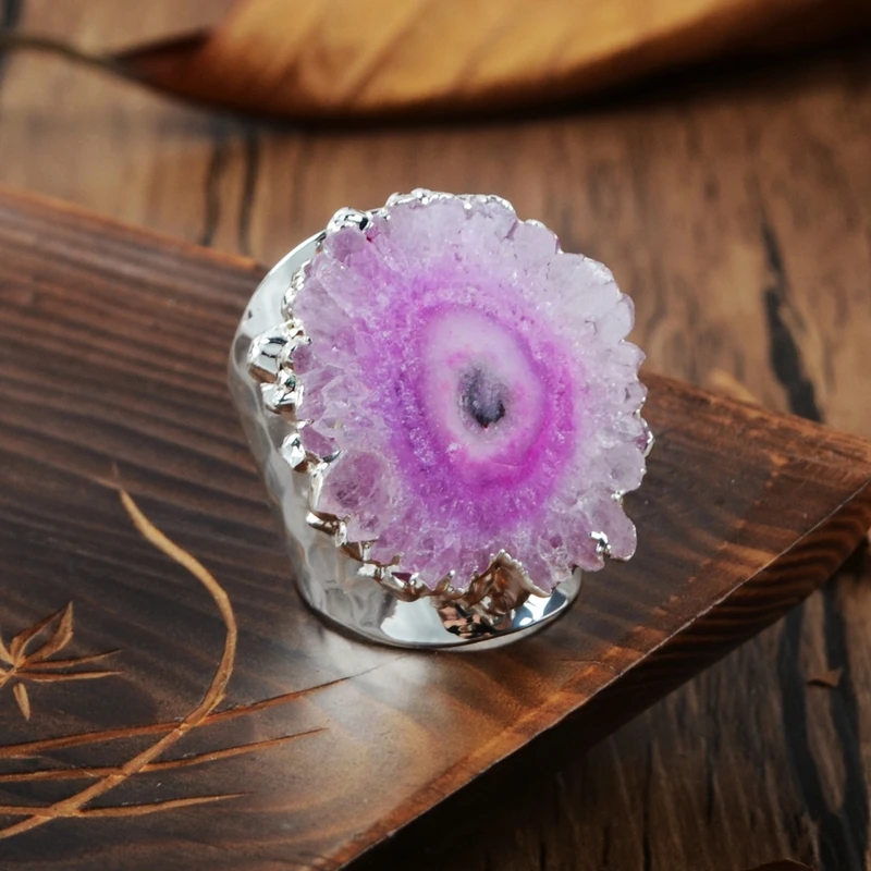 BOROSA 1 шт. Радужный цветок Солнечный Кварц Druzy кольцо Серебристый цвет регулируемый модный кварцевый ремешок кольцо Высокое качество S0308
