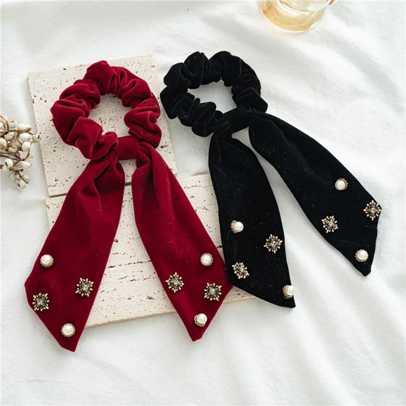 

Velvet Ribbon Scrunchies Vintage Trendy Red Black Bow Hair Rope Elastic Hair Bands Long Streamers Female Hair Accessories