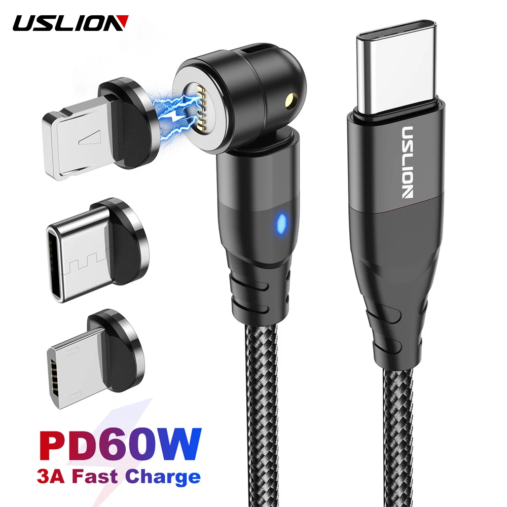 USLION 60W Magnetic Cable Type C to Type C Cable for Redmi Note 9s Huawei P40 PD Fast Charging for MacBook Pro Micro USB Cable