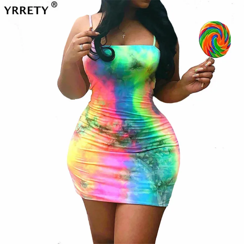 

YRRETY/облегающее мини-платье на тонких бретельках без рукавов, летний пикантный сарафан-карандаш, вечерние Клубные платья с градиентом
