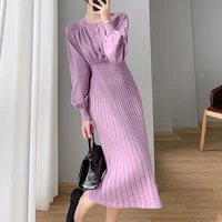 elegant purple knitted dress womens autumn spring new fashion single breasted french mid length high waist sweater midi dress