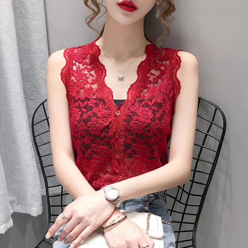 

Lace Blouse Floral Shirt Sexy Slim Vintage Sleeveless Top Women Korean Fashion Hollow V Neck Red Cardigan Summer Tops Woman 2021