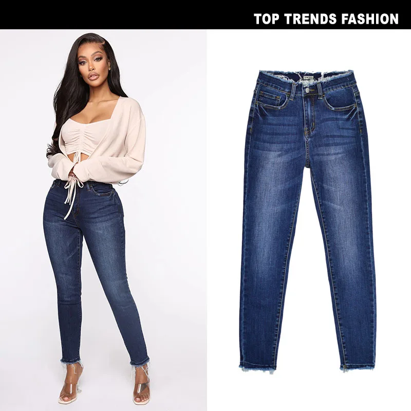 

2021 ultra-high stretch high waist European and American jeans women's fringed tight-fitting cropped trousers A439
