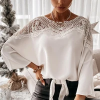 80 dropshippingwomen shirt solid color lace patchwork autumn winter hollow out long sleeve o neck blouse streetwear