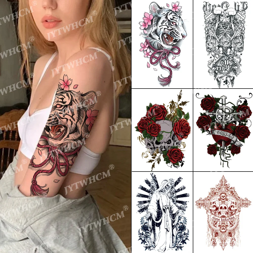 

Cute Tiger Tattoo Sticker Fake Sleeve Waterproof Temporary Tattoo Kids Set Neck Arm Pink Cool Fashion Skeleton Tattoos For Women